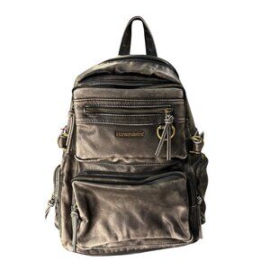 Montana West Select Leather BackPack Purse Multi Pocket Distressed Black L NWT
